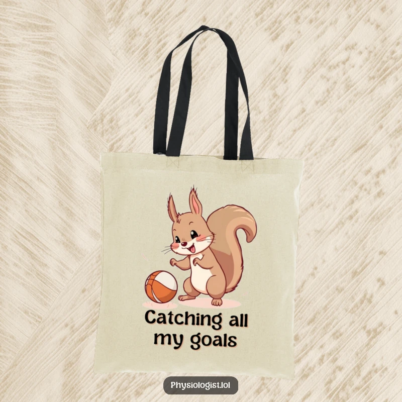 Funny Squirrel Tote Bag: A mischievous squirrel is caught mid-air, catching a bouncing ball, perfect for a humorous carry-all.