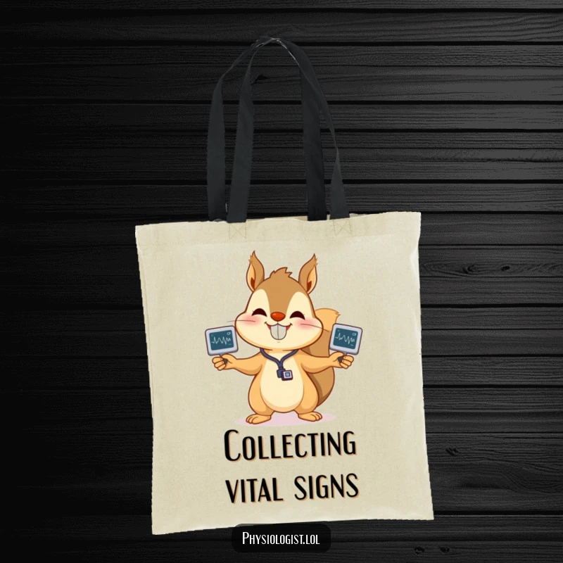 Funny squirrel EKG tote bag featuring a happy squirrel juggling EKG strips, ideal for carrying everyday items with a medical humor twist, a great gift.