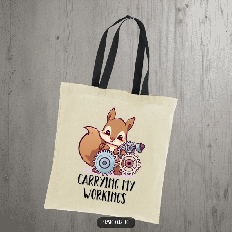 Funny tote bag showcasing a determined squirrel character carefully adjusting spinning gears, perfect for carrying essentials with an inventive flair.
