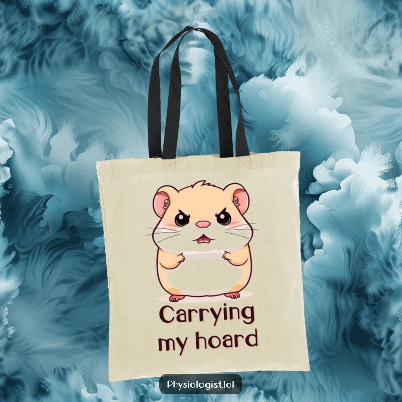 Funny stern hamster tote bag, a hamster bouncing with a determined expression, durable and humorous accessory.