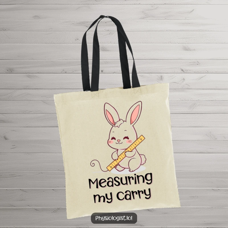 Funny tote bag showcasing a busy rabbit character diligently measuring a wiggly line with a ruler, perfect for carrying necessities with humor.