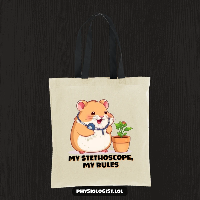 Funny tote bag illustrated with a chubby hamster in a doctor's coat and stethoscope, attentively listening to a potted plant, great for errands.